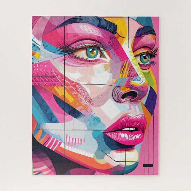 Vibrant Abstract Portrait Women's Face Pink Black Jigsaw Puzzle (Vertical)