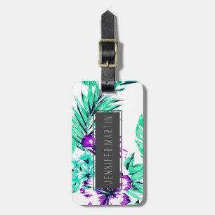 Vibrant Abstract Purple and Teal Tropical Flowers Luggage Tag