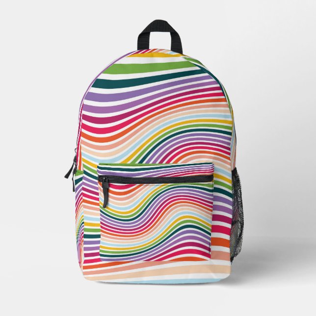 Vibrant Abstract Rainbow Waves Printed Backpack (Front)