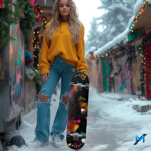 Vibrant Abstract Skate Deck with Neon and Halftone