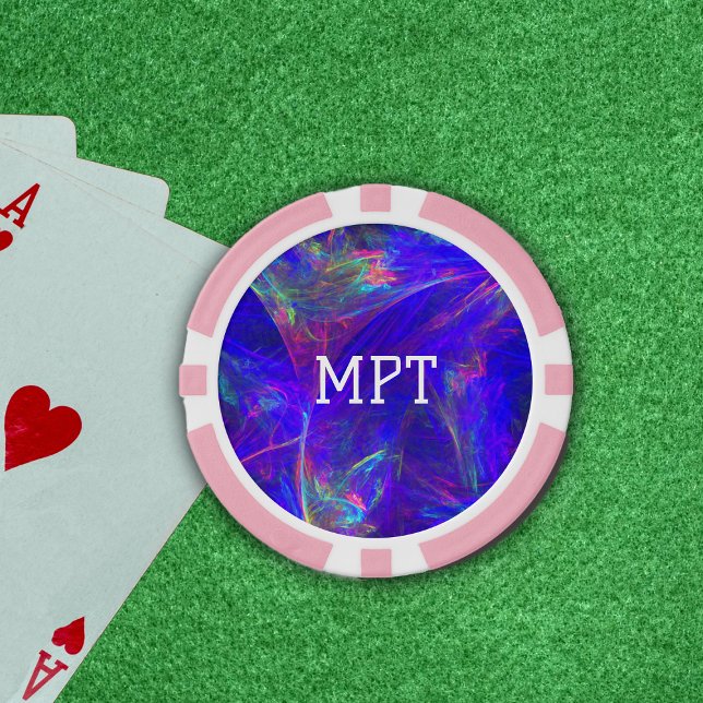 Vibrant Abstract Swirls of pinks Blues Greens Poker Chips (Vibrant abstract swirls of neon pinks and greens on deep blue on poker chips.)