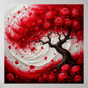 Vibrant Abstract Tree With Swirling Red Flowers Poster