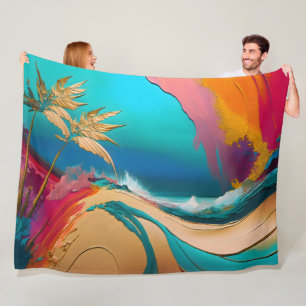 Vibrant Abstract Tropical Beach Scene Fleece Blanket