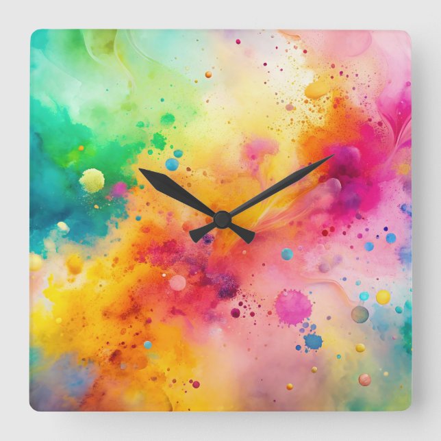 Vibrant Abstract Watercolor Splatter Pattern Square Wall Clock (Front)