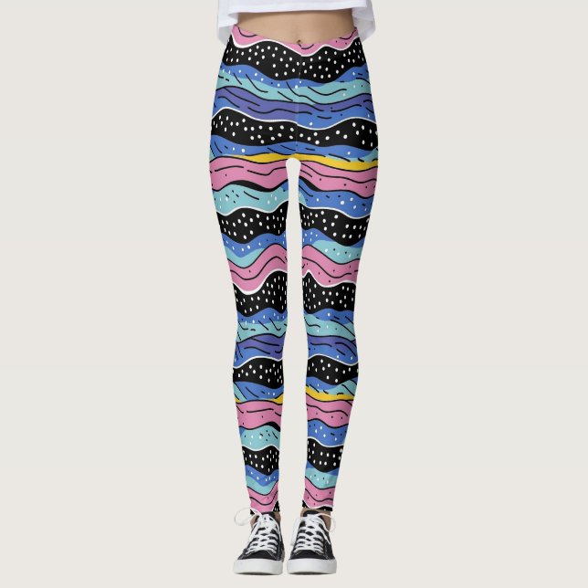 Vibrant Abstract Wavy Lines with Polka Dots Leggings (Front)