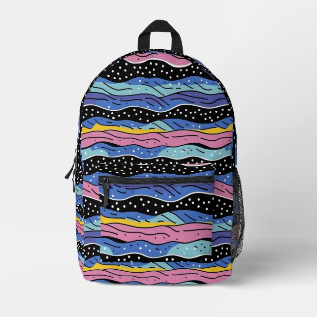 Vibrant Abstract Wavy Lines with Polka Dots Printed Backpack (Front)