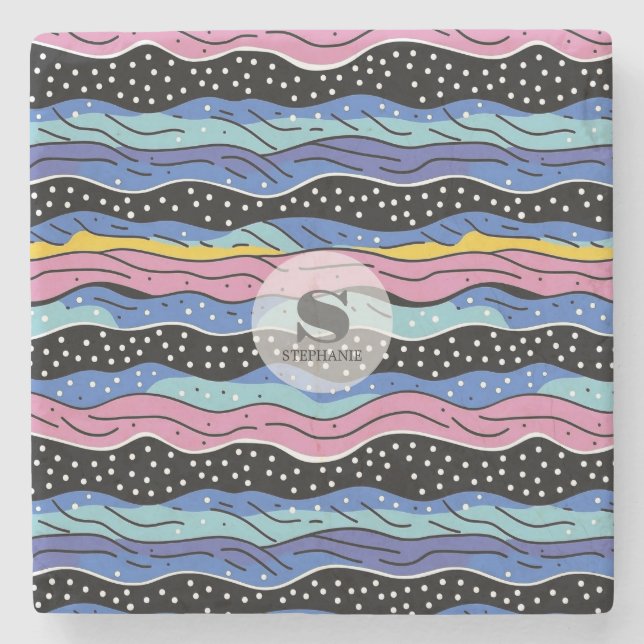 Vibrant Abstract Wavy Lines with Polka Dots Stone Coaster (Front)
