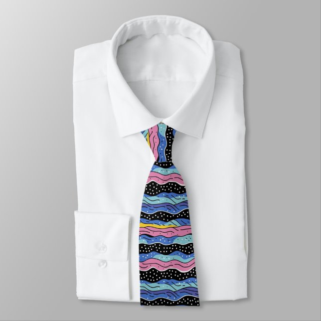Vibrant Abstract Wavy Lines with Polka Dots Tie (Tied)