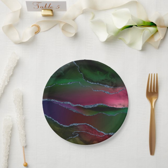 Vibrant Agate | Rich Pink and Green Jewel Tone Paper Plate (Wedding)