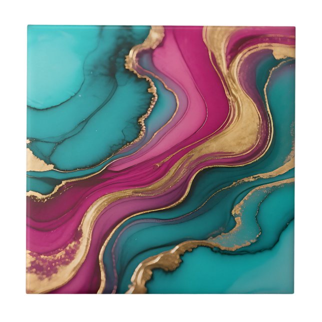 Vibrant Alcohol Ink Abstract Teal Magenta Gold Tile (Front)