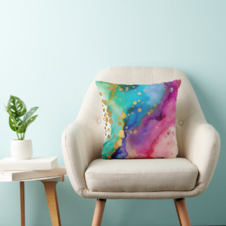 Vibrant Alcohol Ink Geode Faux Gold Splatter Cushion