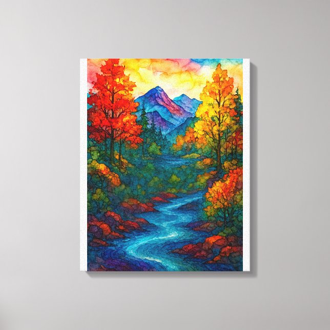 Vibrant Alcohol Ink Mountain river and trees  Canvas Print (Front)