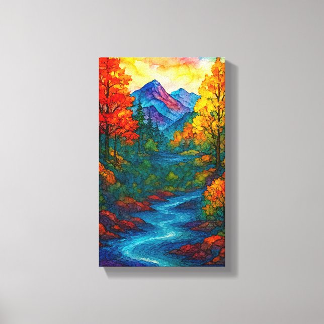 Vibrant Alcohol Ink Mountain river and trees  Canvas Print (Front)