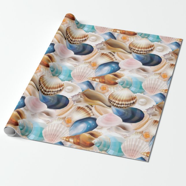 Vibrant All Over Seashells Patterned Wrapping Paper (Unrolled)