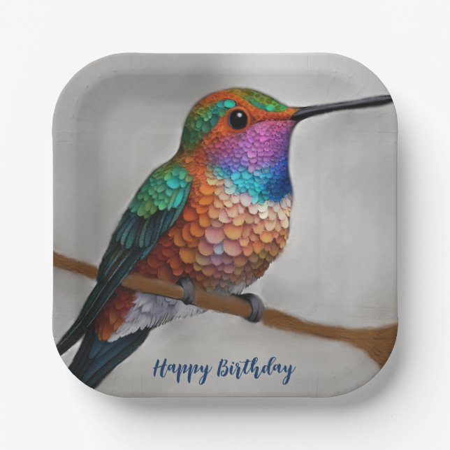 Vibrant Allen’s Hummingbird Painting Paper Plate (Front)