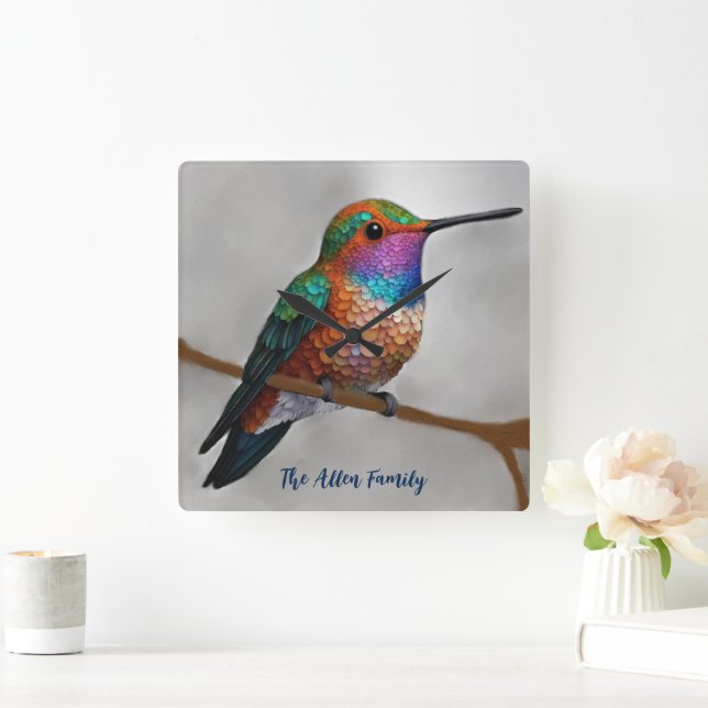 Vibrant Allen’s Hummingbird Painting Square Wall Clock (Home)