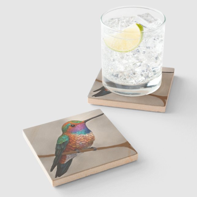 Vibrant Allen’s Hummingbird Painting Stone Coaster (Side)