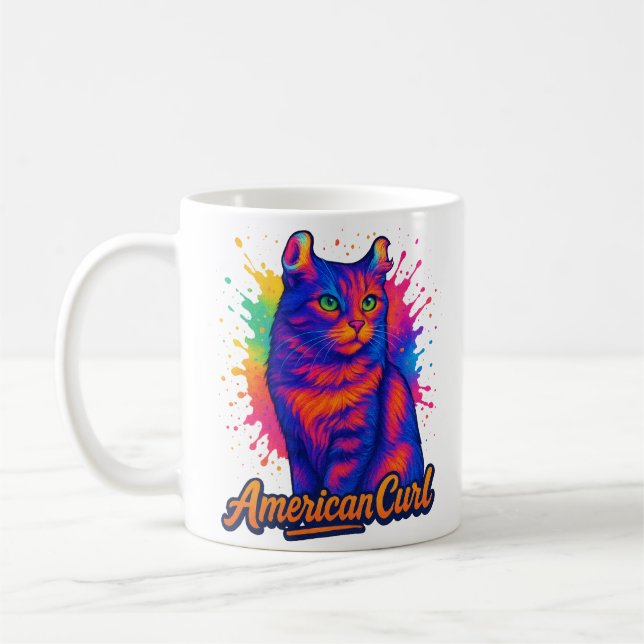 Vibrant American Curl Cat Pop Art Illustration Coffee Mug (Left)