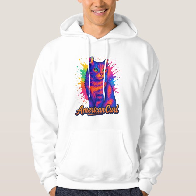 Vibrant American Curl Cat Pop Art Illustration Hoodie (Front)
