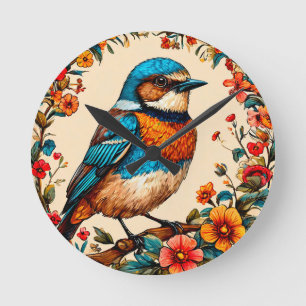 Vibrant and colourful illustration of a bird round clock