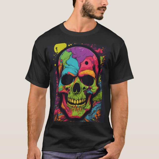 Vibrant and Edgy Psychedelic Skull  T-Shirt (Front)