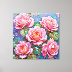 Vibrant and intricate pink roses depiction canvas print