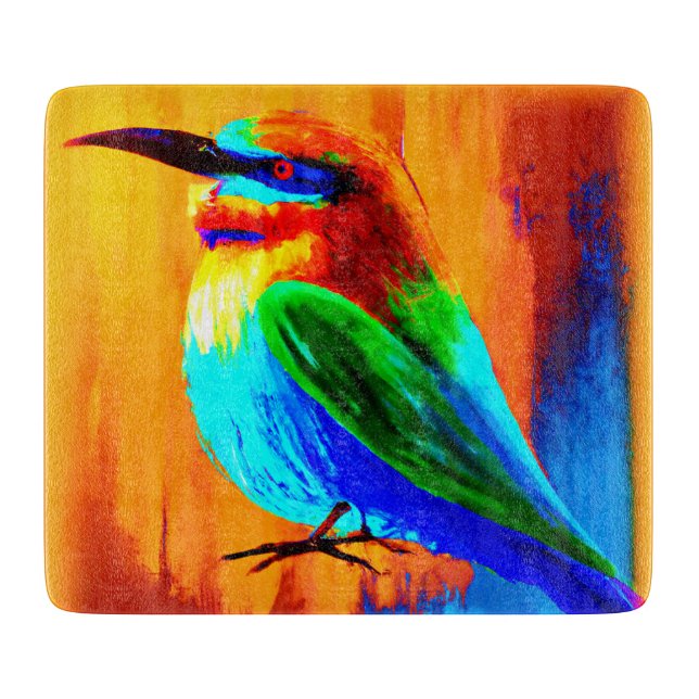 Vibrant and Joyful Rainbow Bird Painting. Buy Now Cutting Board (Front)