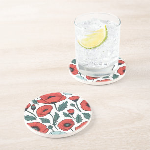 Vibrant and red Poppy Flowers Illustration Pattern Coaster
