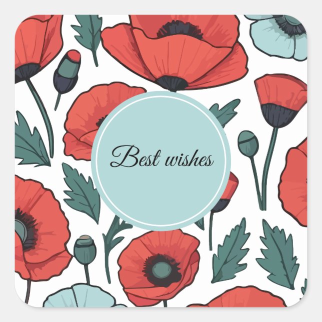 Vibrant and red Poppy Flowers Illustration Pattern Square Sticker (Front)