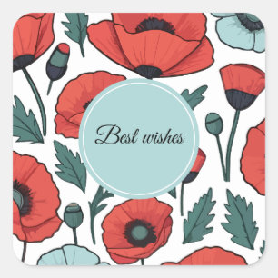 Vibrant and red Poppy Flowers Illustration Pattern Square Sticker