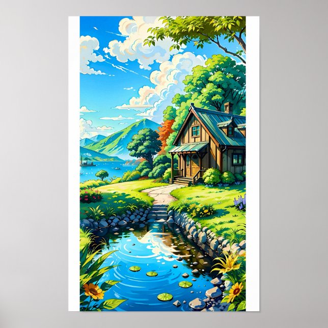 Vibrant Anime Nature Landscape Cabin Stream Poster (Front)