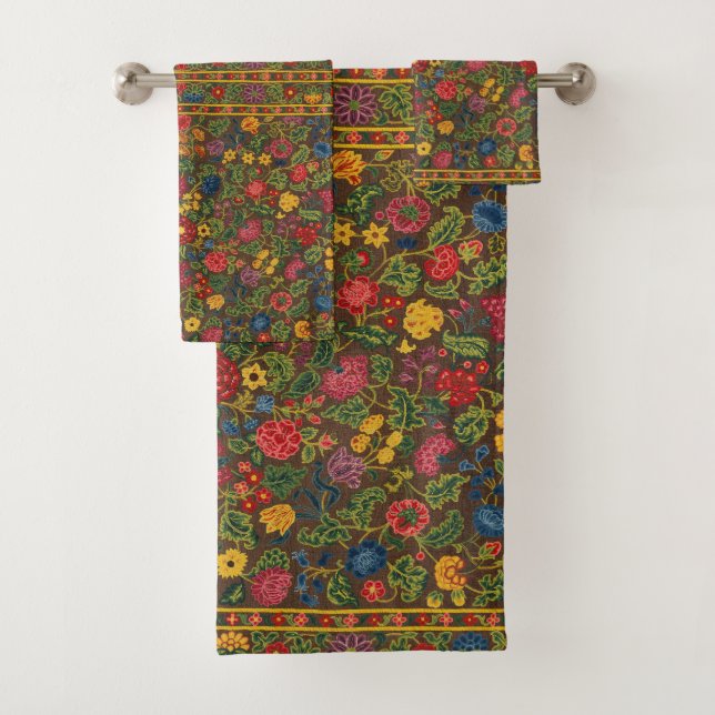 Vibrant Antique Botanical Garden Pattern Bath Towel Set (Insitu)