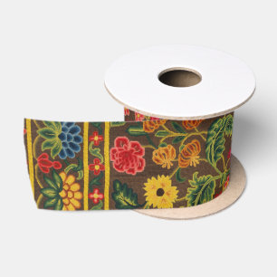 Vibrant Antique Botanical Garden Pattern Satin Ribbon