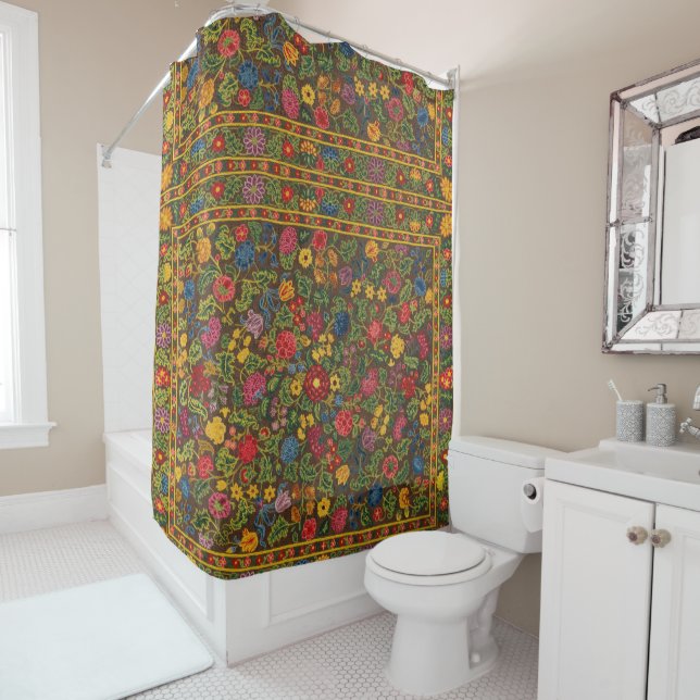 Vibrant Antique Botanical Garden Pattern Shower Curtain (In Situ)