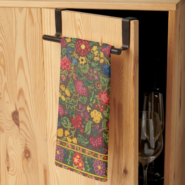 Vibrant Antique Botanical Garden Pattern Tea Towel (Thirds Fold)