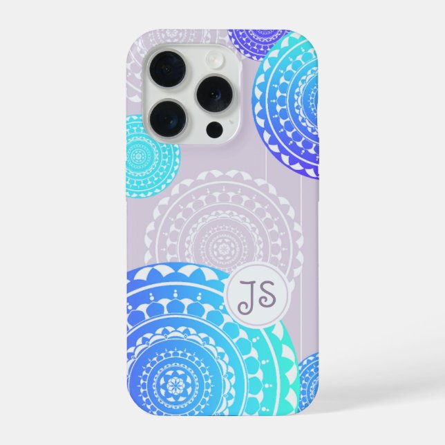Vibrant Aqua Blue Random Mandala on Pink Monogram iPhone Case (Back)