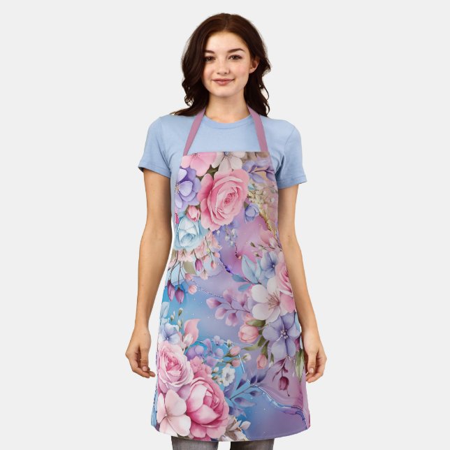 Vibrant Aqua & Pink Watercolor Flowers  Apron (Worn)