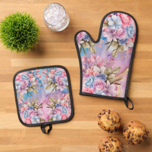 Vibrant Aqua & Pink Watercolor Flowers Oven Mitt & Pot Holder Set