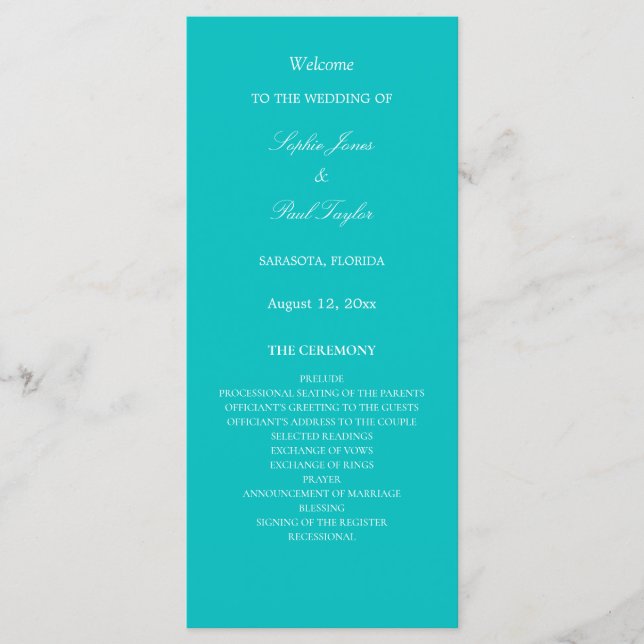 Vibrant Aqua Wedding Program (Front)