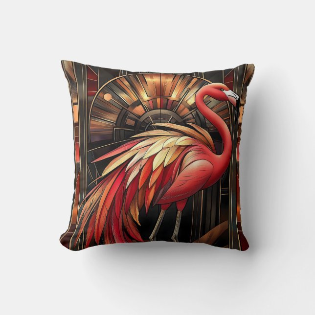 Vibrant Art Deco Flamingo Illustration Cushion (Front)