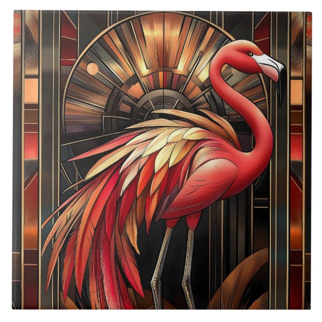 Vibrant Art Deco Flamingo Illustration Tile (Front)