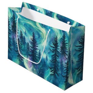 Vibrant Aurora Borealis Pine Forest Night Sky Large Gift Bag