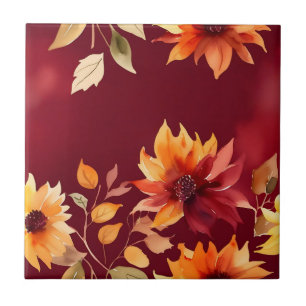Vibrant Autumn Flowers on Burgundy Tile