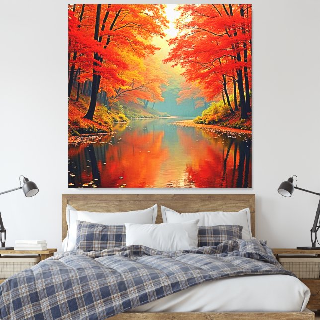 Vibrant Autumn Forest River Canvas Print (Insitu(Bedroom))