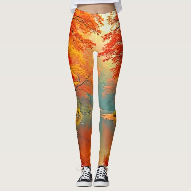 Vibrant Autumn Forest River Leggings (Front)