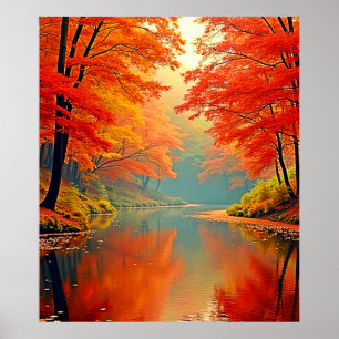 Vibrant Autumn Forest River Poster
