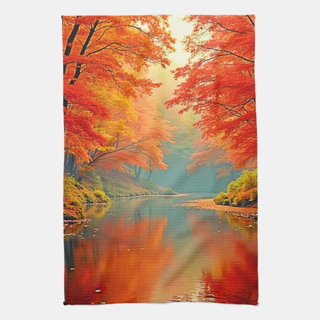 Vibrant Autumn Forest River Tea Towel (Vertical)