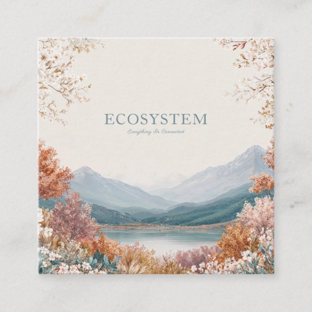 Vibrant Autumn Lake Mountain Floral Gold Frame Square Business Card (Front)