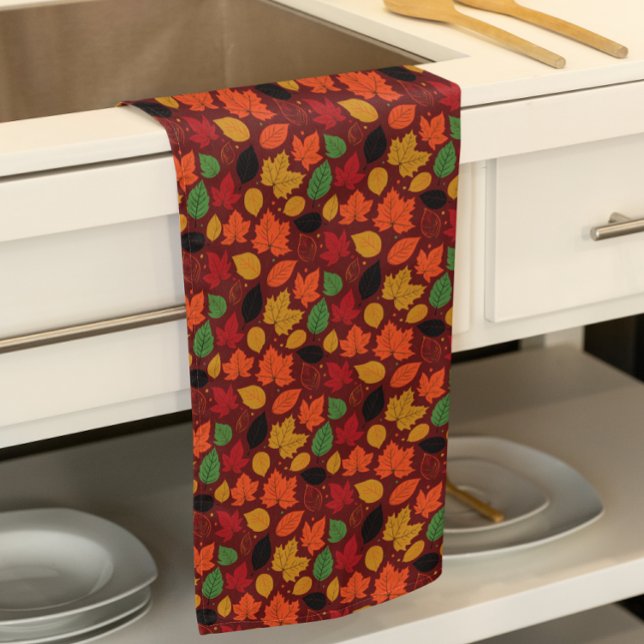 Vibrant Autumn Leaves Multi-Coloured Pattern Tea Towel (Vibrant Autumn Leaves Multi-Colored Pattern Kitchen Towel)