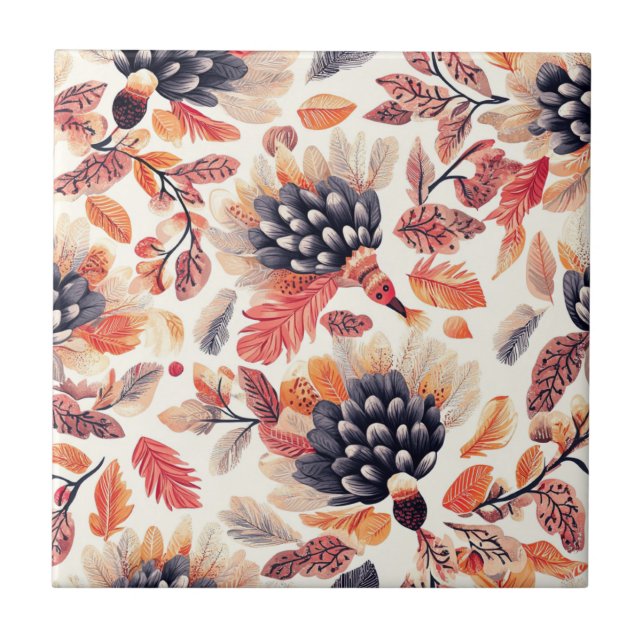 Vibrant Autumn Turkeys – Whimsical Watercolor Tile (Front)